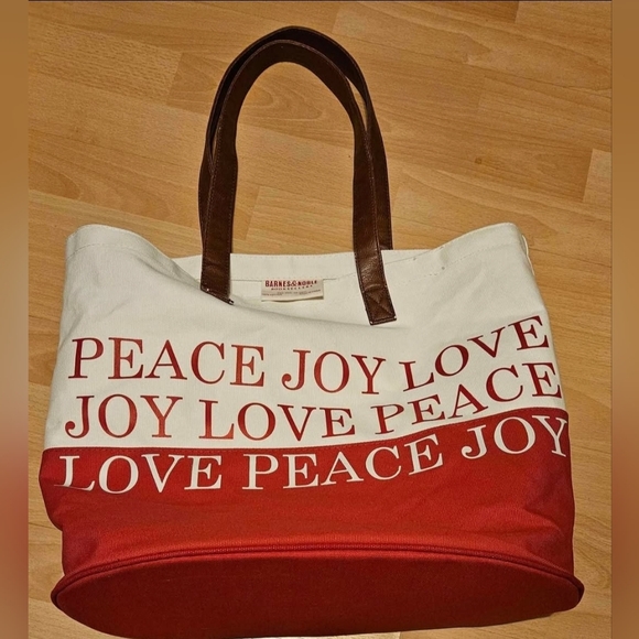 Barnes & Noble Handbags - Barnes & Noble Punctuate Large Canvas Holiday Tote Joy, Peace, Love Red/Cream